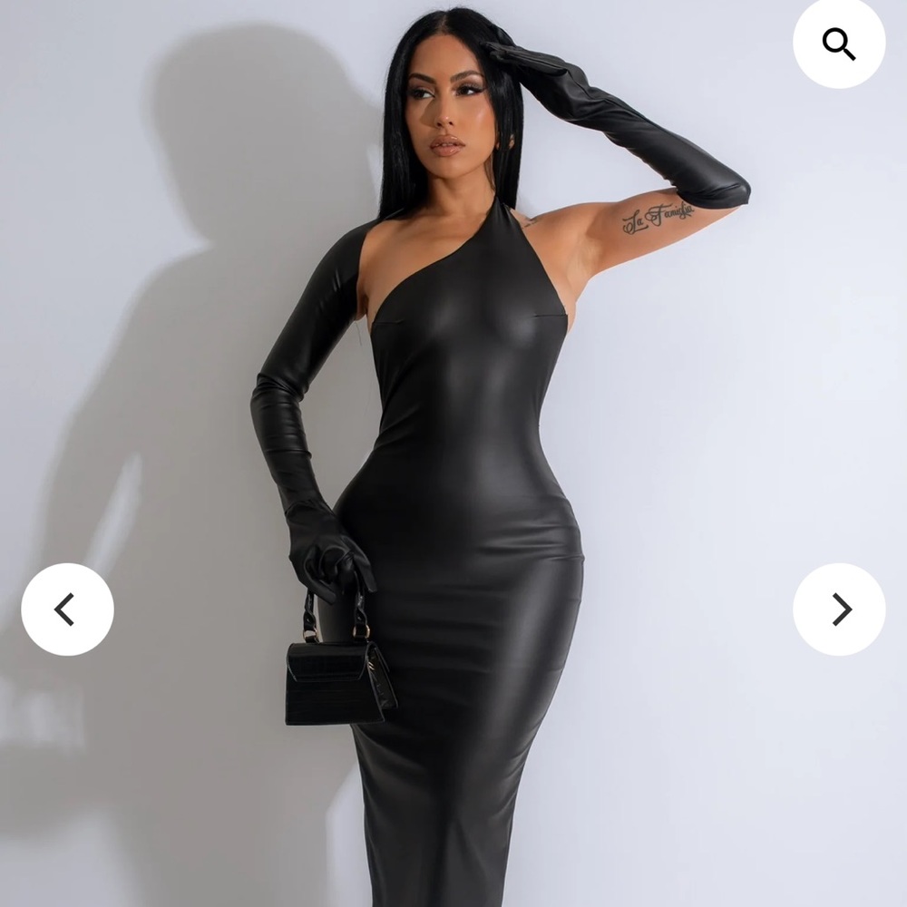 Long leather formal dress with gloves